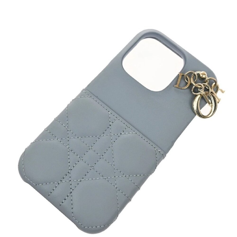 CHRISTIAN DIOR Logo Lady iPhone Case 14 Pro Leather Blue Italy 67KP258 - Picture 1 of 10